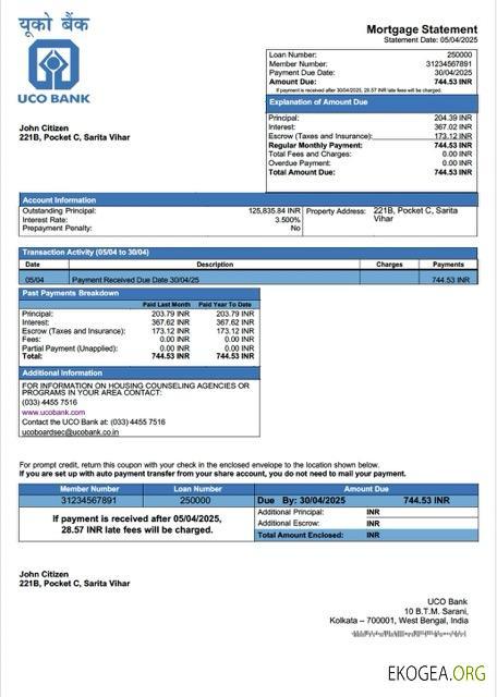 Modèle Word et PDF de relevé hypothécaire de l'UCO Bank en Inde